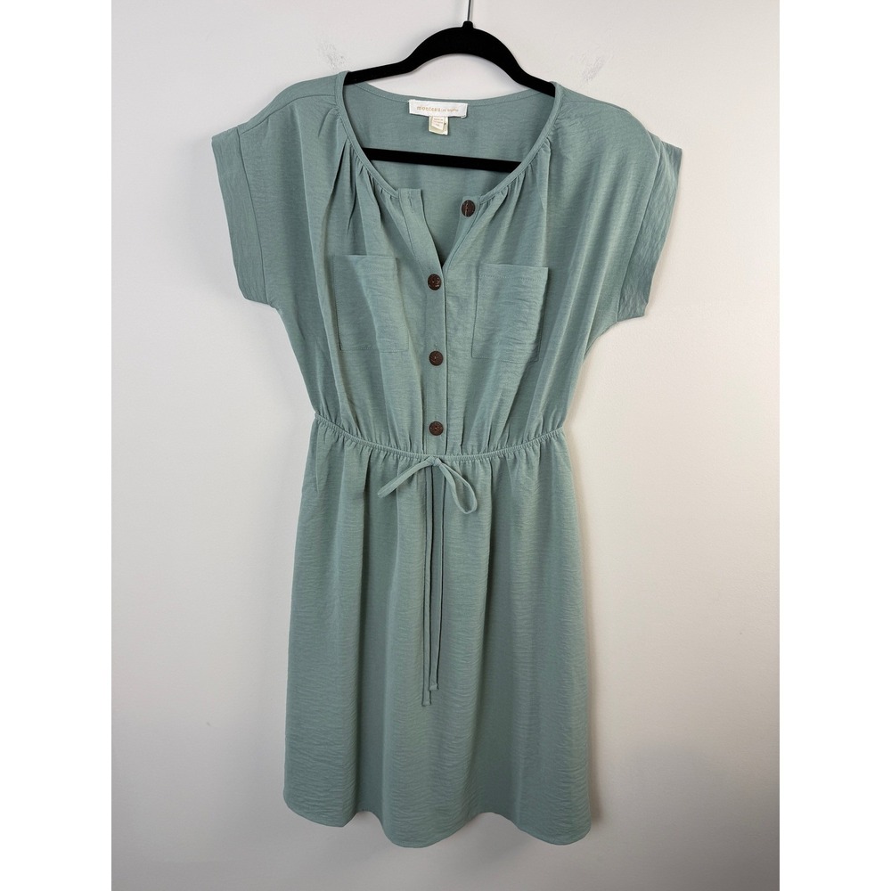Monteau Sage Women's Medium 1/2 Button Front Elastic Waist Cap Sleeve Mini Dress